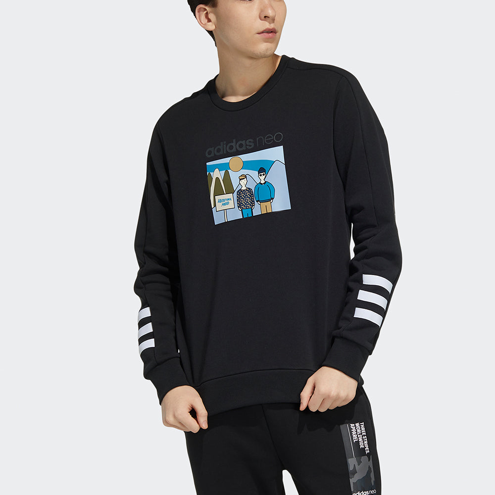 Men's adidas neo Sw Ft Gr Sw Funny Printing Sports Round Neck Pullover Black HA1487