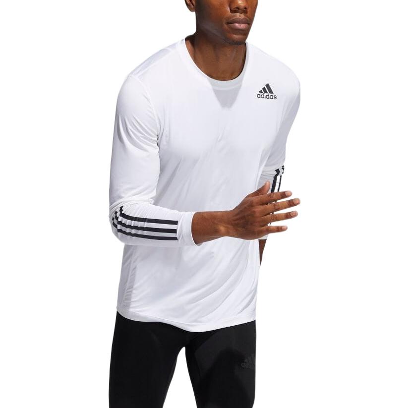 Men's adidas Solid Color Logo Printing Stripe Round Neck Long Sleeves Japanese Version White T-Shirt GM0499
