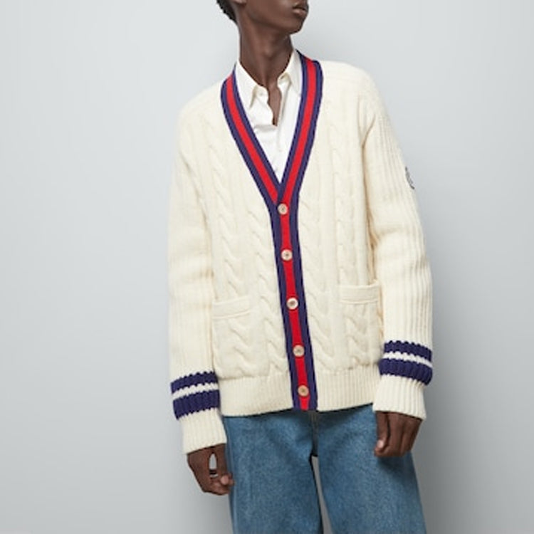 Gucci Cable Wool Knit Cardigan With Web 'Ivory' 763373-XKDPC-9189