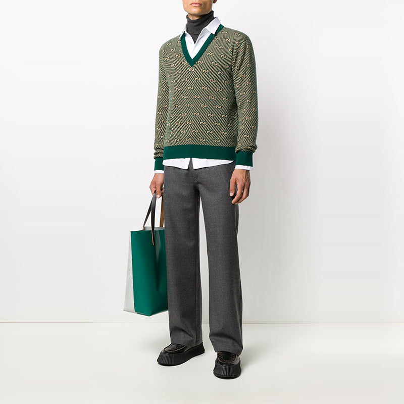 Gucci SS21 Printed Alphabet Pattern V-Neck Sweater For Men Green 626643-XKBFZ-3119