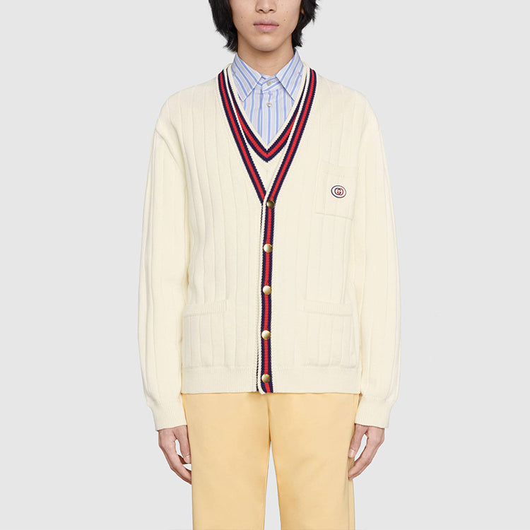 Gucci Knit Cotton V-Neck Cardigan With Web 'Ivory' 654984-XKBUR-9182