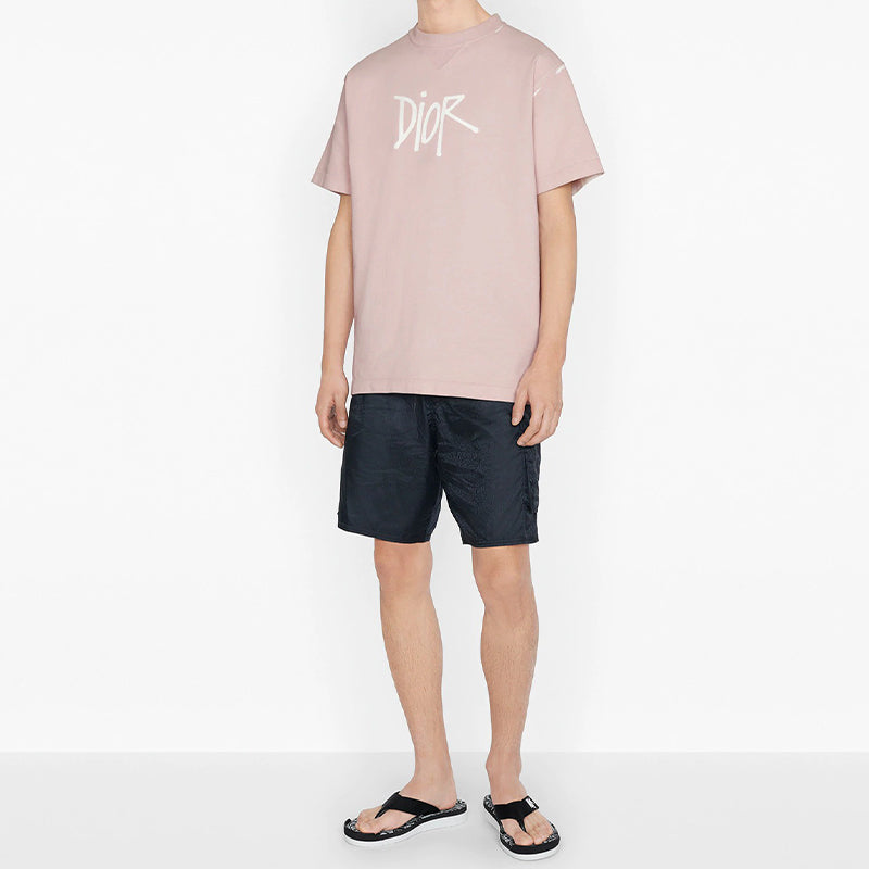 DIOR And Shawn Stussy Collaborative Letter Logo Print Oversized Short Sleeve For Men Pink 033J625E0554-C400