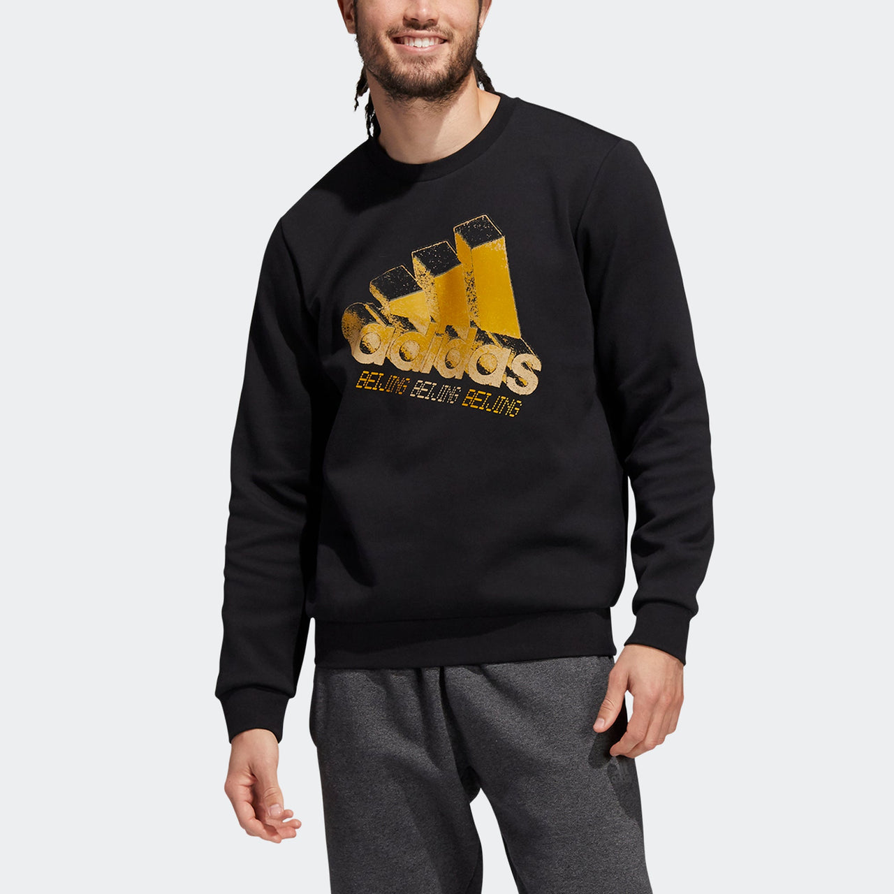 Men's adidas Kc Sweat Bj Beijing Subject Printing Round Neck Pullover Long Sleeves Sports Black HD4101