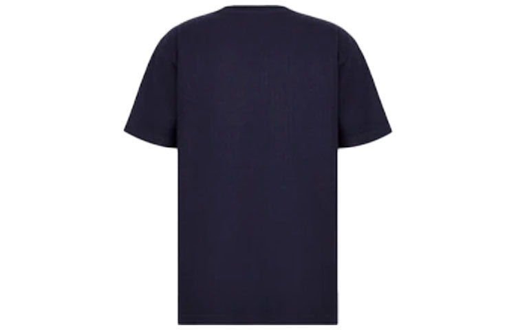 Men's DIOR SS22 Embroidered Plain Weave Knit Short Sleeve Navy Blue T-Shirt 213J637A0739-C583
