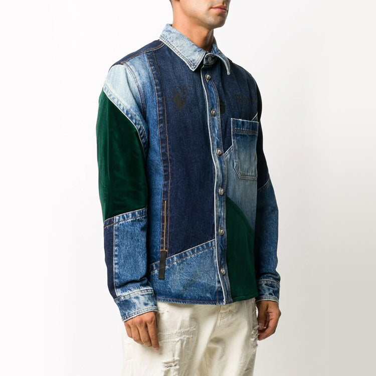 Off-White FW20 Patchwork Design Denim Jacket Men Blue OMYE059E20DEN0014557