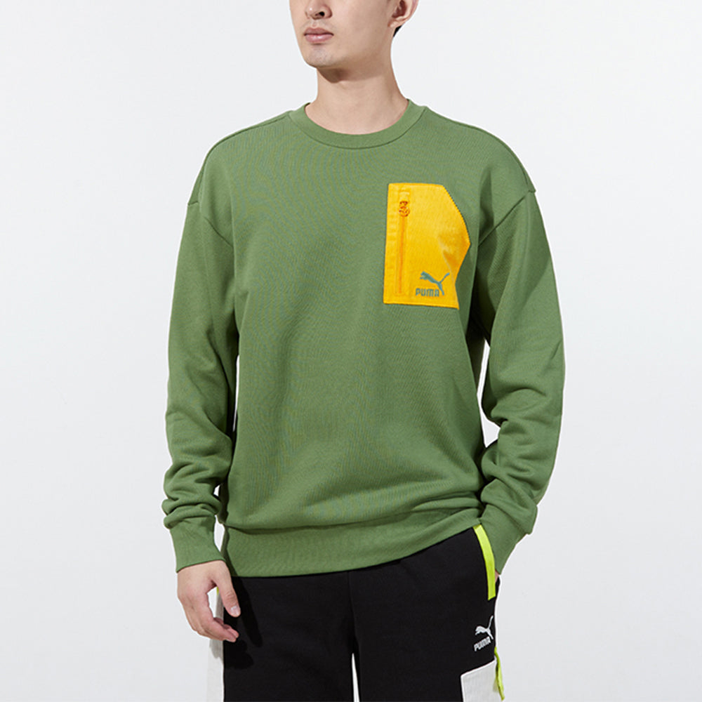 PUMA Contrasting Colors Zipper Pocket Sports Round Neck Pullover Green 535130-67