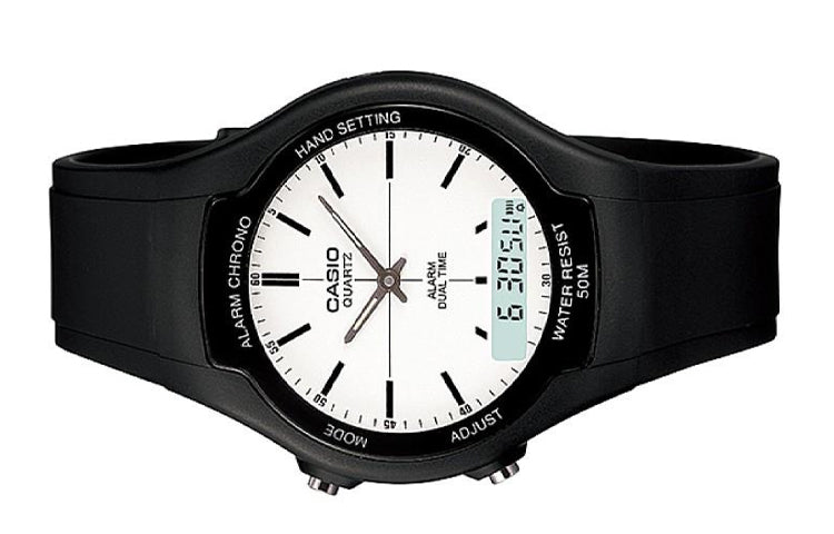 CASIO Quartz Waterproof BlackWhite Dial Mens BlackWhite Analog/Digital Combo AW-90H-7E