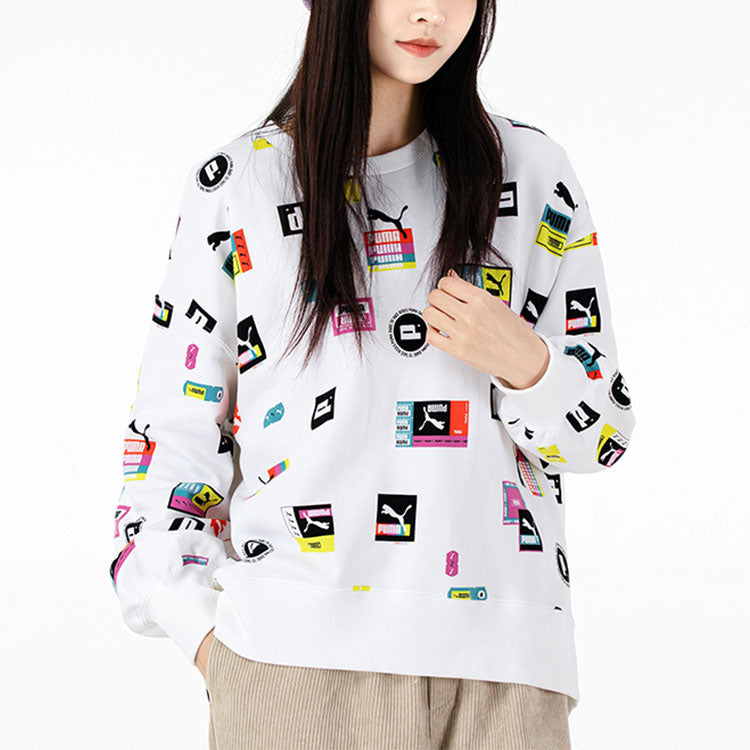 (WMNS) PUMA Full Print Logo Loose Round Neck Pullover Hoodie White 535348-02