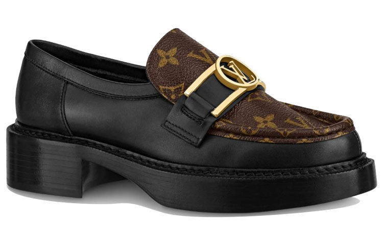(WMNS) LOUIS VUITTON Academy Loafers 'Black with Brown Monogram and Gold Plate' 1A7TXN