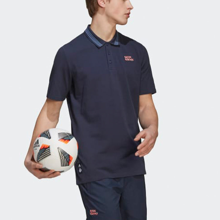 adidas Bayern Munich Black Solid Color Stripe Casual Short Sleeve Polo Shirt Navy Blue HB6001