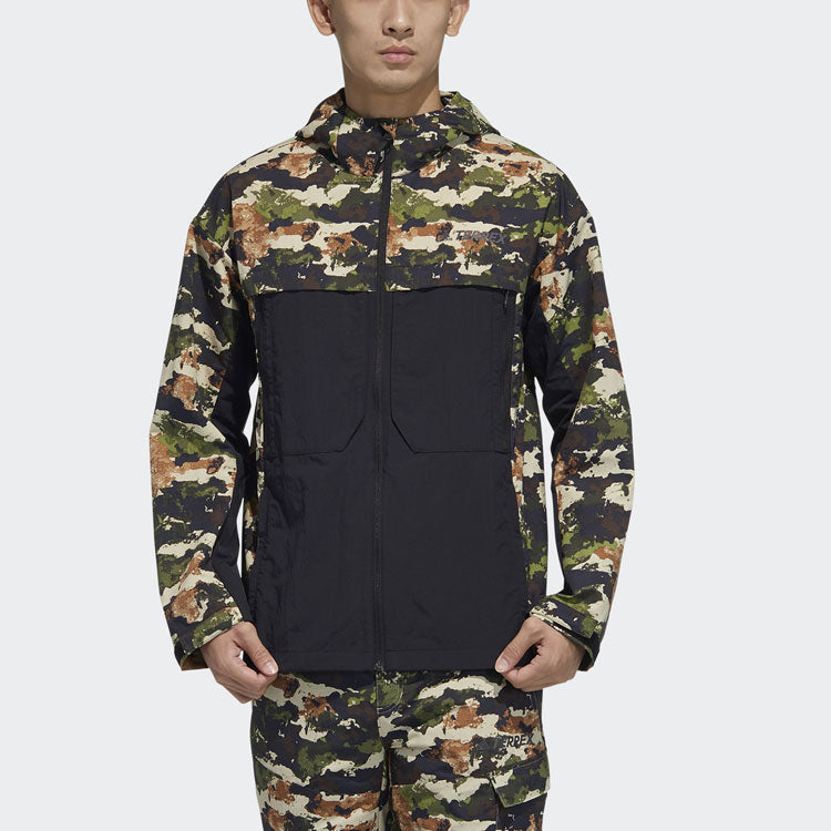 adidas Terrex Festiv Aop Wb Outdoor Sports Camouflage Splicing Hooded Jacket Brown GN7594