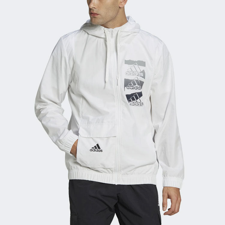 adidas Logo Casual Sports Zipper Hooded Jacket White HE1881