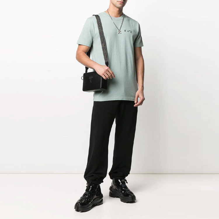 Men's Off-White Logo Embroidered Cotton Short Sleeve Green T-Shirt OMAA027R21JER0015010