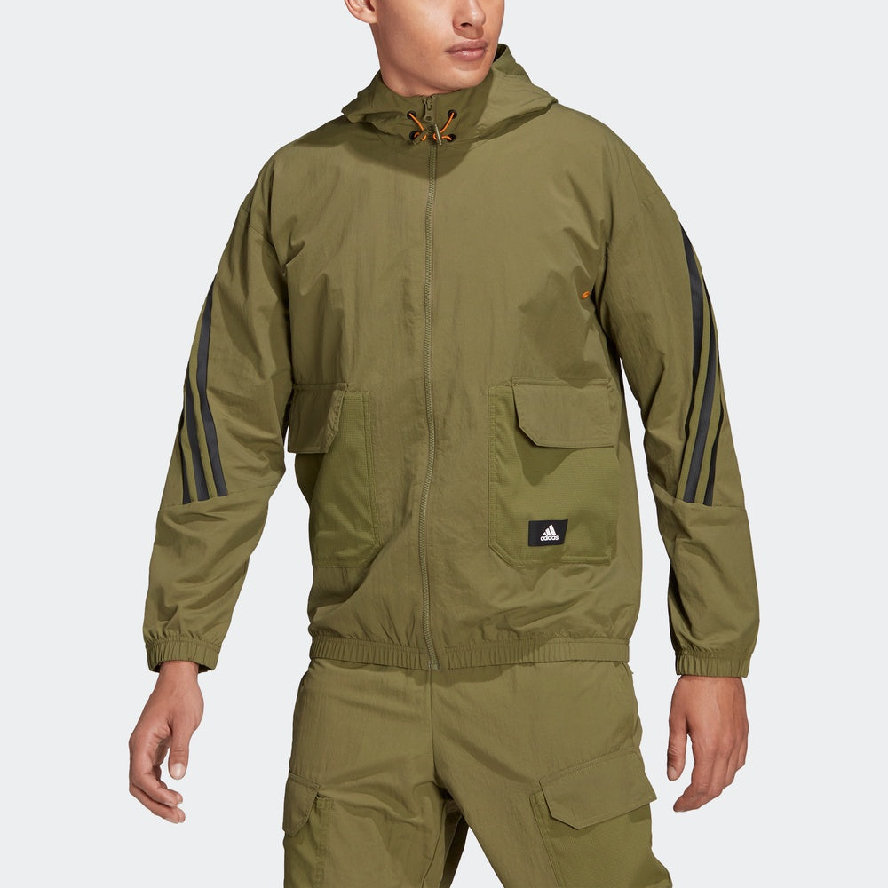 Men's adidas Fi Wv Bst Fz Sports Stylish Stripe Hooded Jacket Military Green H65369