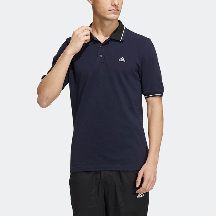 Men's adidas Alphabet Logo Embroidered Stripe Buckle Short Sleeve Legendary Ink Blue Polo Shirt HS4393