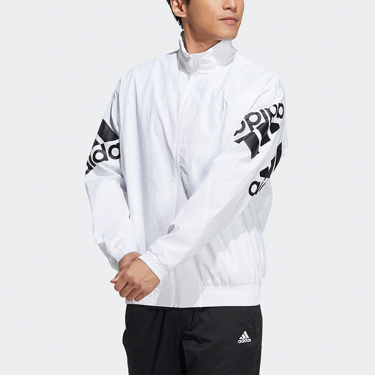 adidas Contrasting Colors Large Logo Zipper Cardigan Stand Collar Long Sleeves Jacket White HE7458