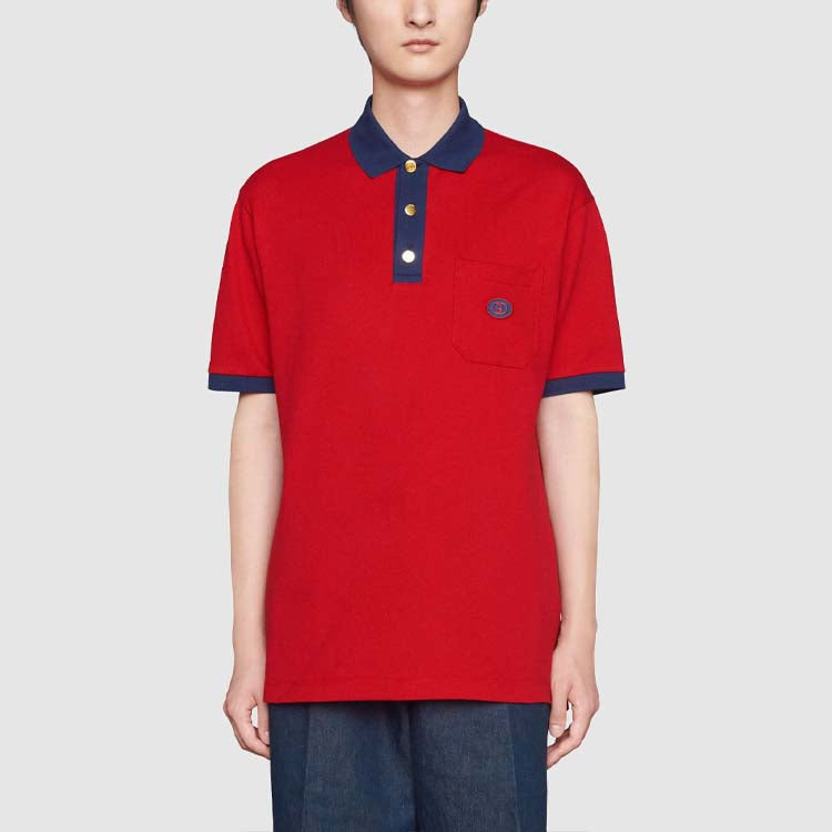 GUCCI GG Sticker Cotton Short Sleeve Polo Shirt For Men Red 625323-XJCNZ-6140