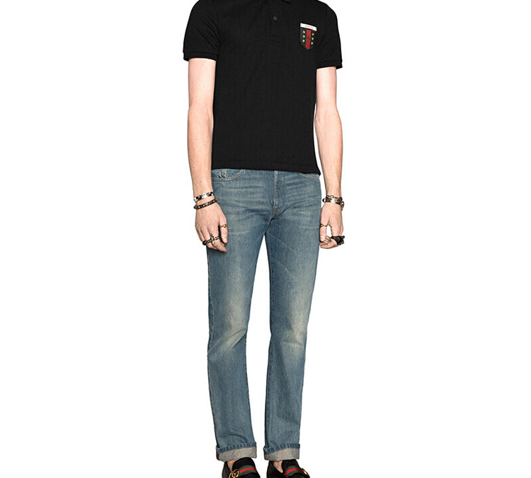 Gucci Ribbon Shield Short Sleeve Polo Shirt For Men Black 408322-X7333-1000