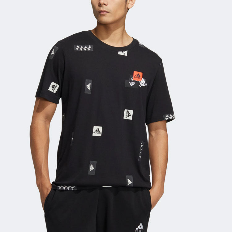 Men's adidas Full Print Logo Patch Printing Round Neck Short Sleeve Black T-Shirt HM2964