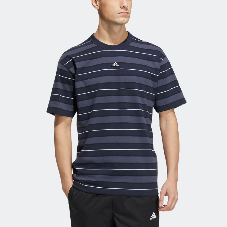 Men's adidas Straight Logo Stripe Casual Short Sleeve Blue T-Shirt HS4384