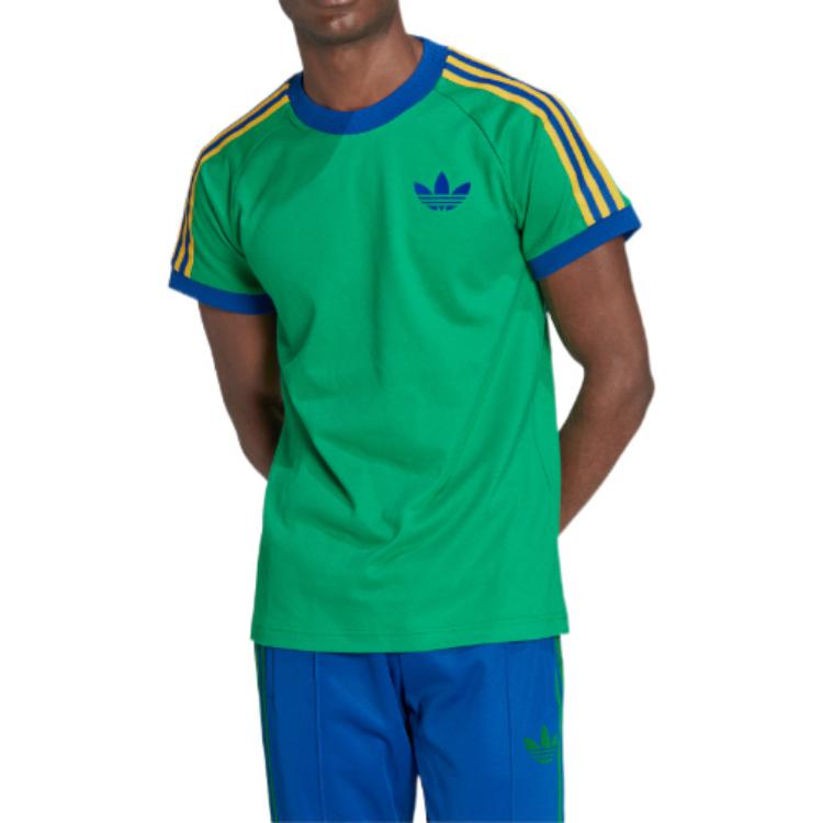 Men's adidas originals Cali Tee Pattern Stripe Printing Ribbed Round Neck Short Sleeve Green T-Shirt IB3423