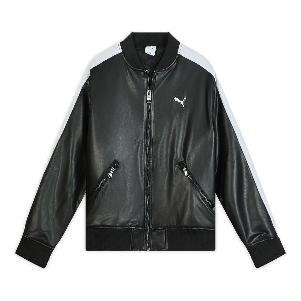 PUMA T7 Faux Leather Baseball Jacket 'Black White' 636319-01