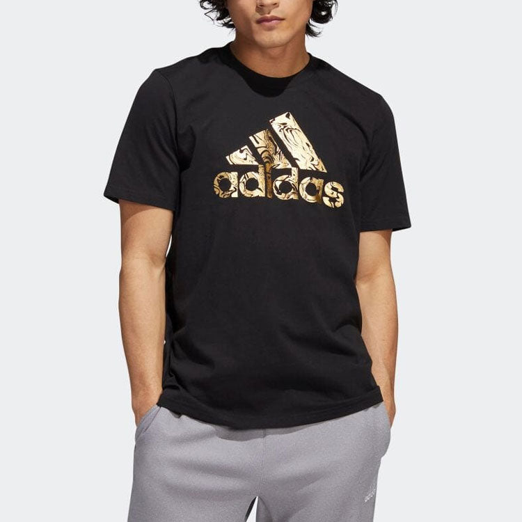Men's adidas Large Logo Printing Casual Round Neck Pullover Short Sleeve Black T-Shirt HK9157