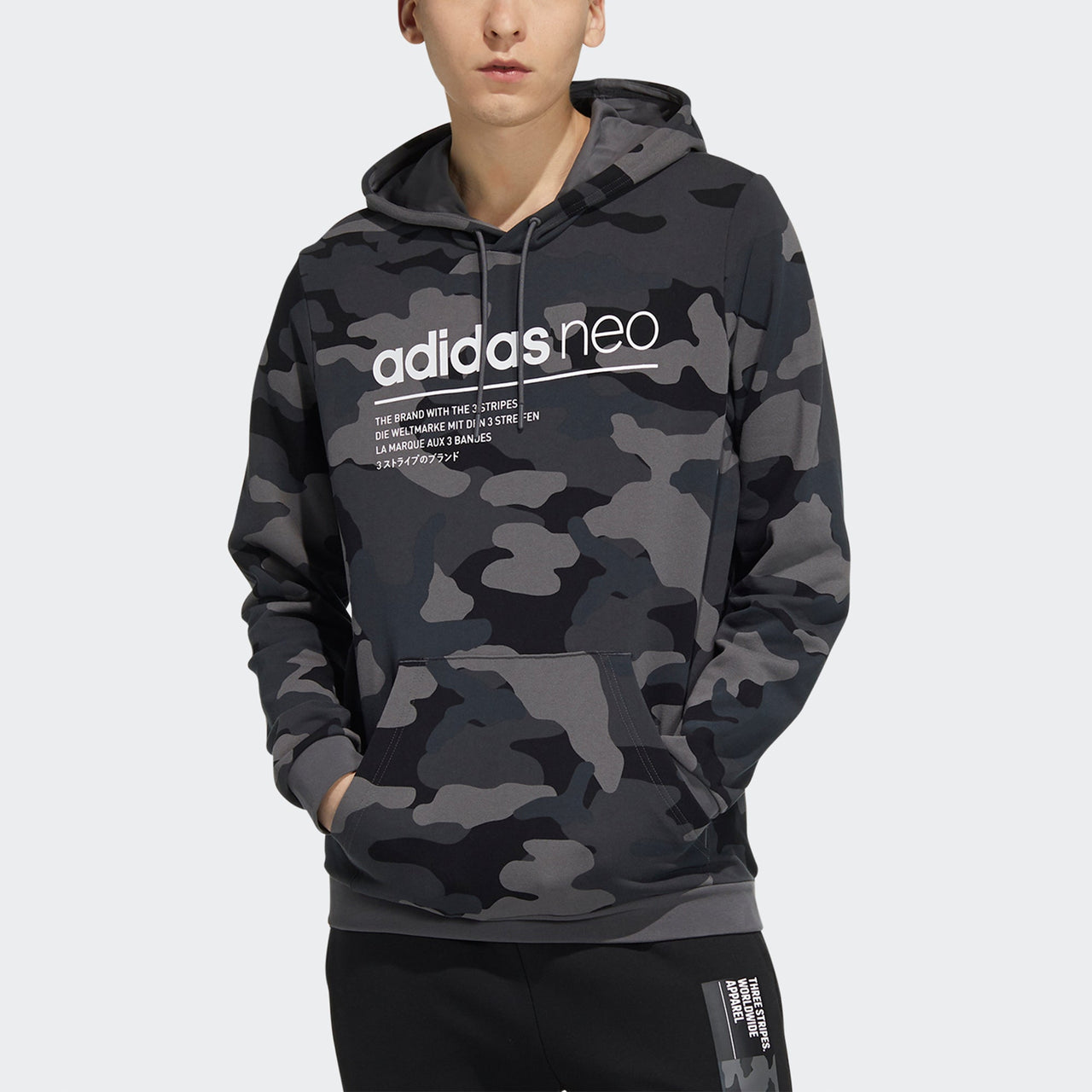 Men's adidas neo Sw Camo Hdy Logo Printing Camouflage Sports Pullover Black HA1490