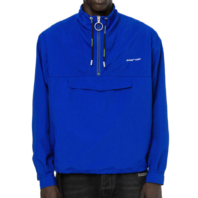 Men's Off-White Nylon Drawstring Alphabet Logo Sports Pullover Jacket Blue OMEA166S19C010243010