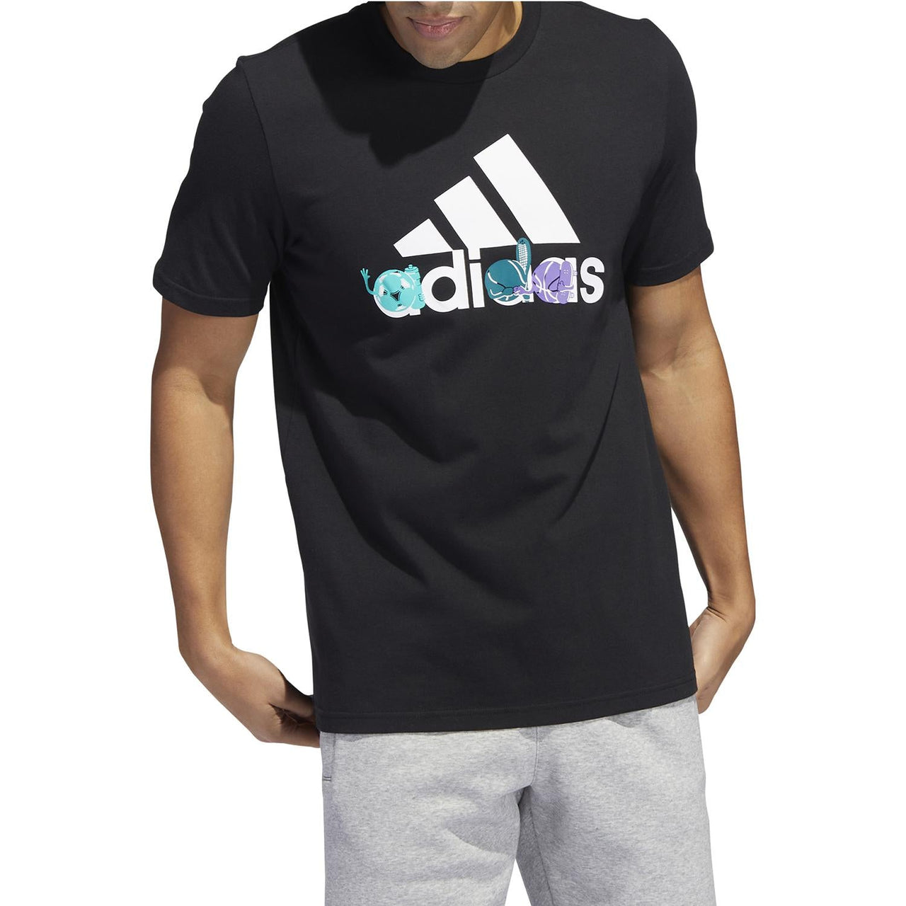 Men's adidas Logo Cartoon Pattern Printing Round Neck Short Sleeve Black T-Shirt HE4837