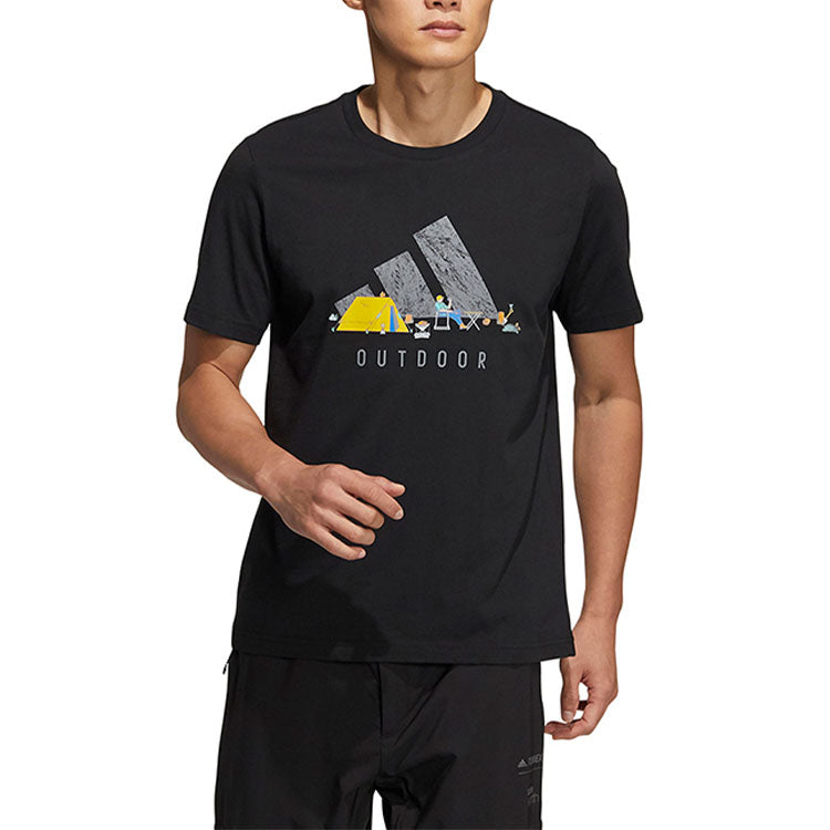 Men's adidas Printing Logo Solid Color Round Neck Short Sleeve Black T-Shirt HE7365