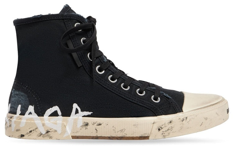 Balenciaga Paris High Top Sneakers 'Black Destroyed Cotton and White Rubber with Graffiti' 688752W3RR41099