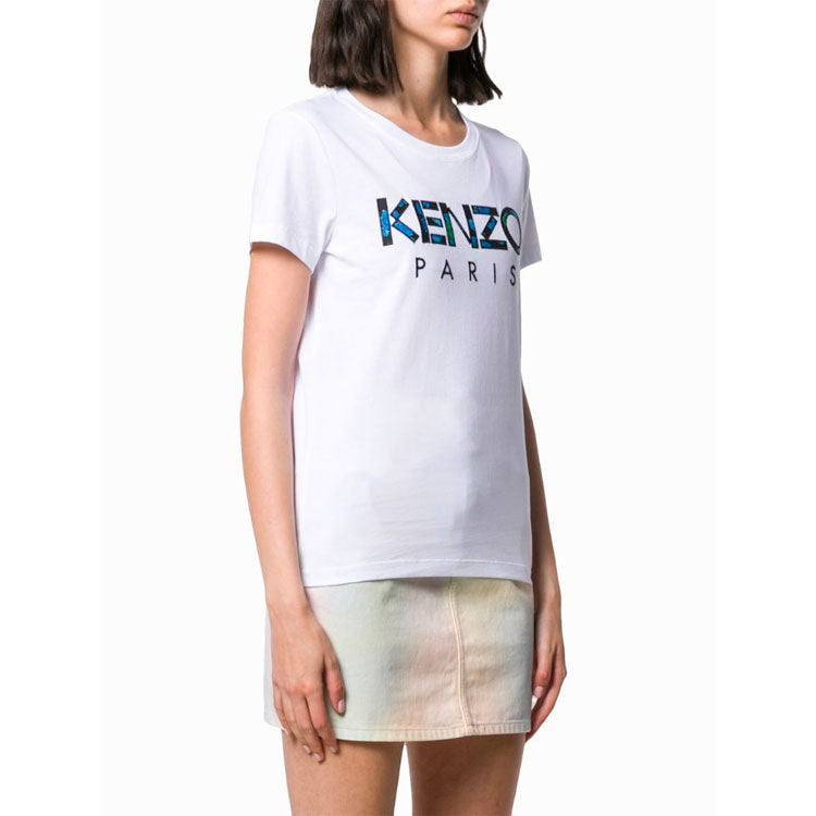 KENZO Multi-Color Logo Embroidered Short Sleeve White F962TS70199001