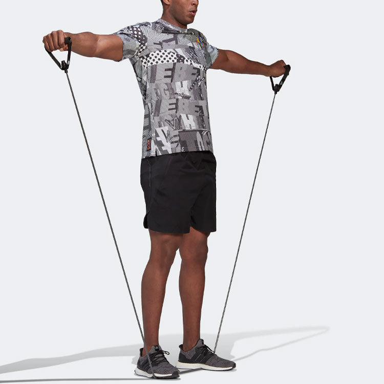 Men's adidas Splicing Color Block Full Print Sports Gym Short Sleeve Gray T-Shirt HD6401