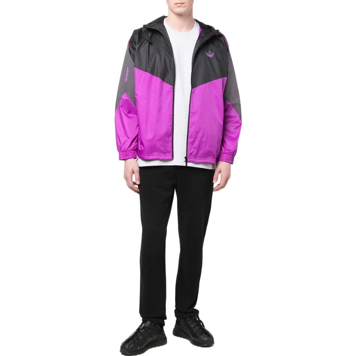 Men's adidas originals Logo Embroidered Zipper Drawstring Hooded Purple Windbreaker HE4711