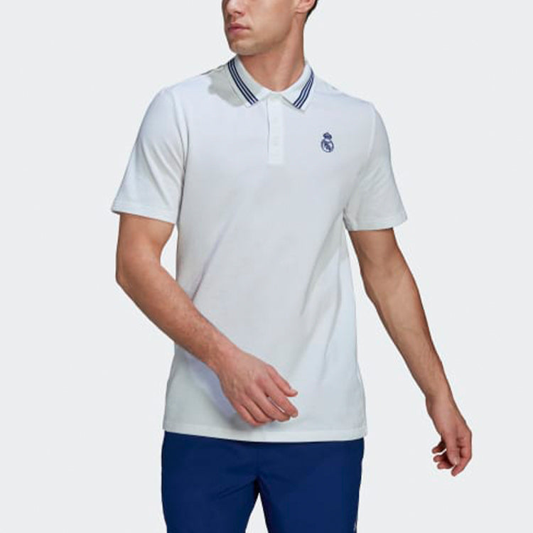 adidas real Madrid Solid Color Stripe Casual Short Sleeve Polo Shirt White H59050