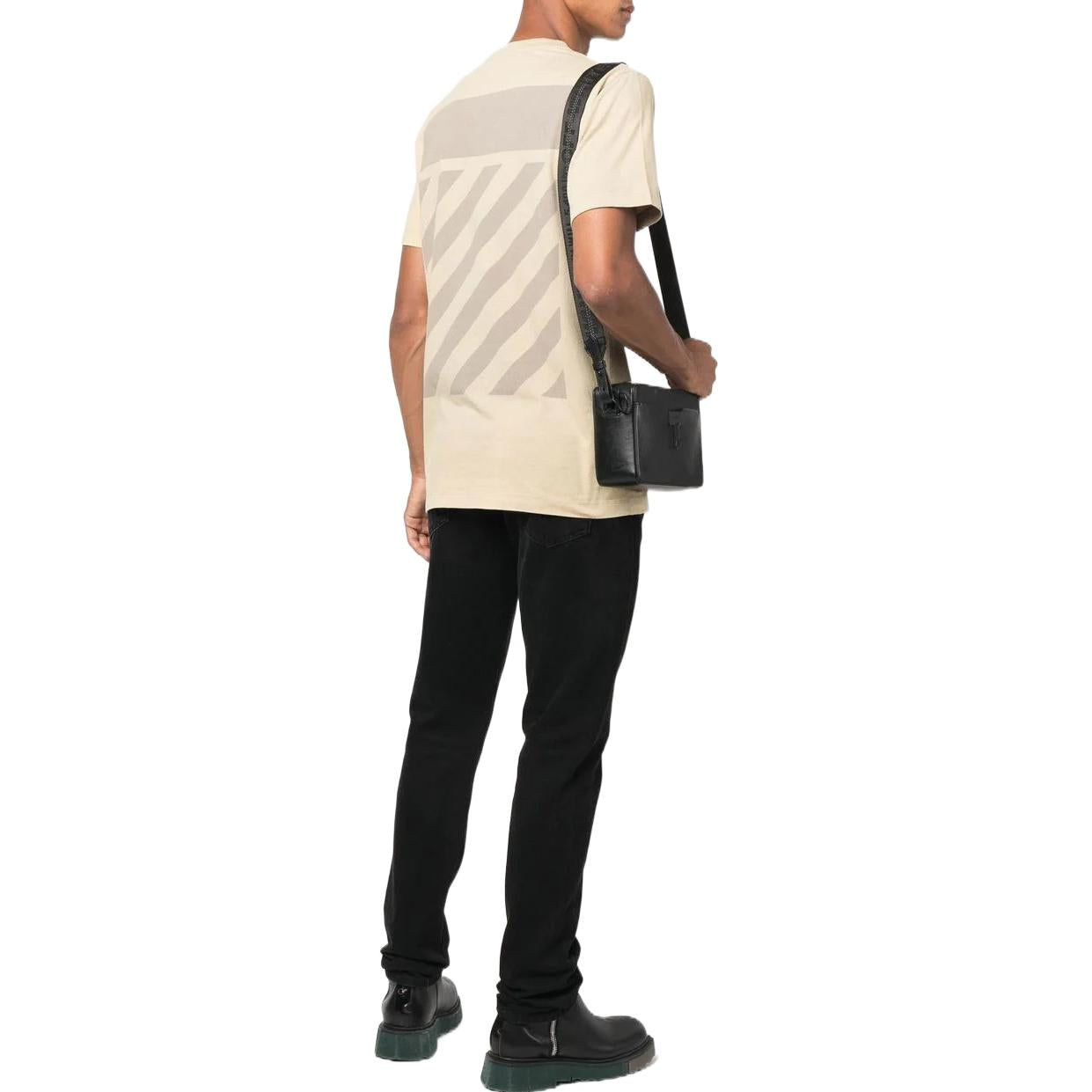 Men's Off-White FW22 Back Stripe Printing Round Neck Short Sleeve Ordinary Version Light Brown T-Shirt OMAA027F22JER0021717