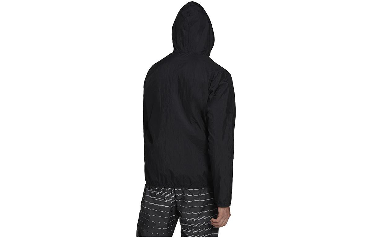 Men's adidas originals Solid Color Logo Hooded Zipper Cardigan Elastic Sports Jacket Black H34687