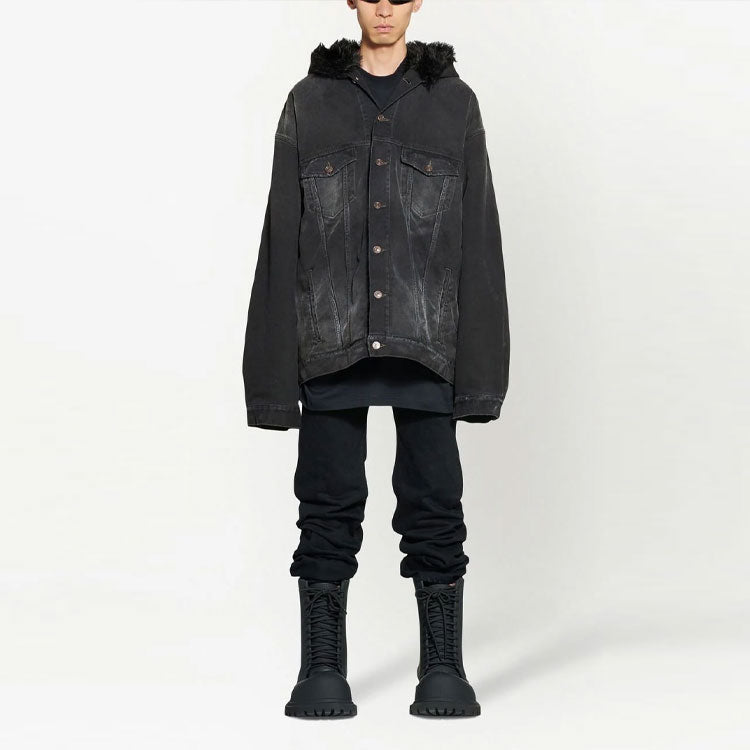 Balenciaga Bleached-Effect Button-Up Hooded Denim Jacket 'Black' 724653TNW541129