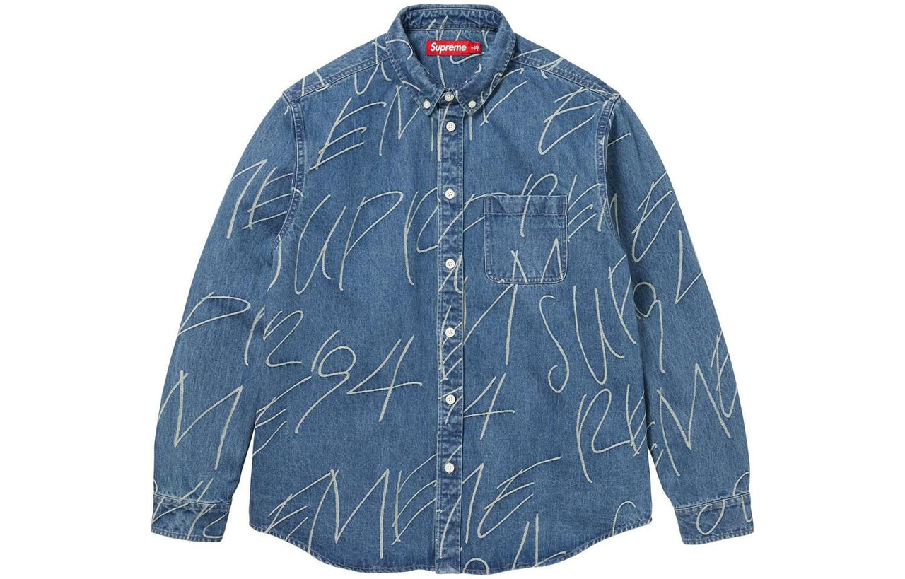 Supreme FW23 Week 8 Handwriting Jacquard Denim Shirt 'Blue' SUP-FW23-152