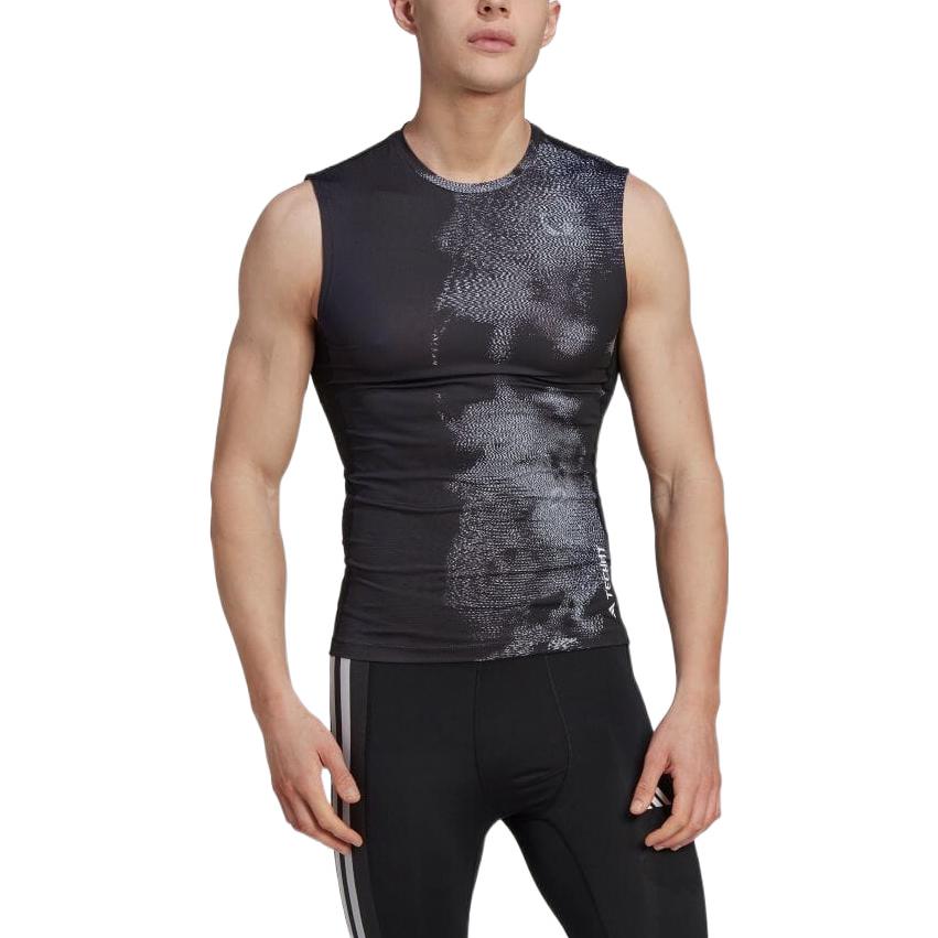 Men's adidas Pattern Printing Round Neck Casual Sports Black Vest HK2333