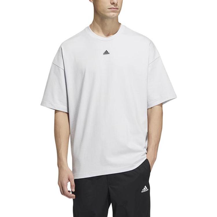 Men's adidas Solid Color Logo Printing Round Neck Short Sleeve Light Grey T-Shirt HS4378