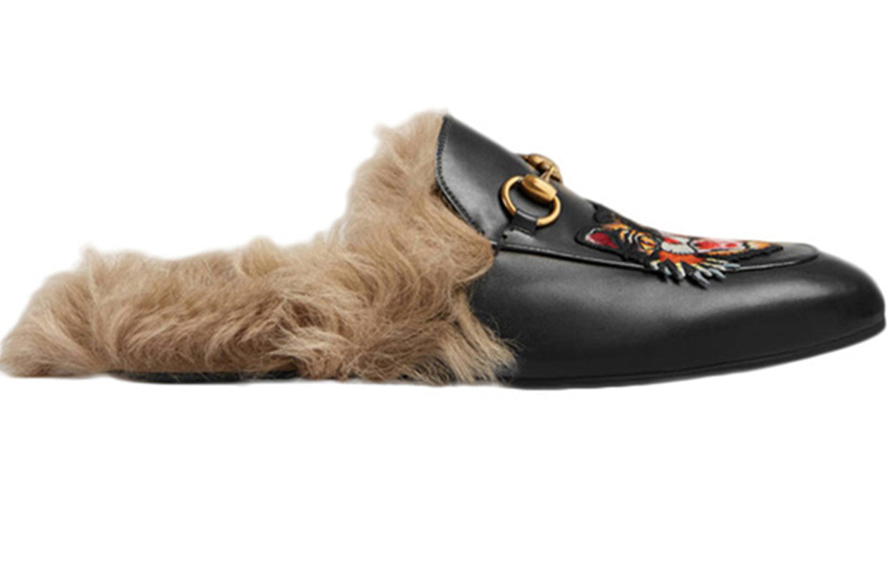 Gucci Tiger Head Embroidered Leather One Pedal Flat Shoes Black Fleece Lined 478285-DKHH0-1063