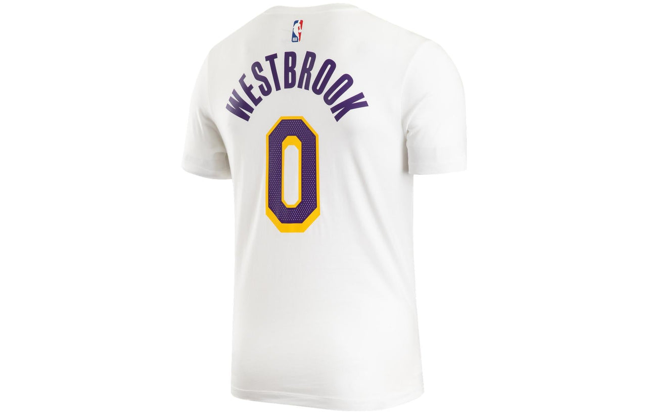 Men's Nike Alphabet Numeric Printing Basketball Sports Round Neck Short Sleeve Lakers Westbrook 0 White T-Shirt CV8529-106