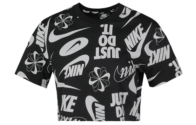 (WMNS) Nike Just Do It Full Print Logo Short Sleeve 'Black Grey' AR6348-010