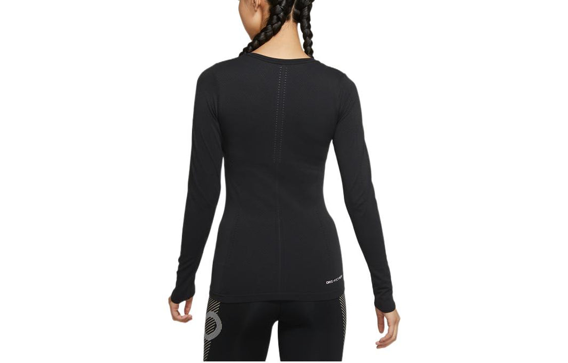 (WMNS) Nike Solid Color Round Neck Slim Fit Long Sleeves Black Gym Clothes DD0594-010