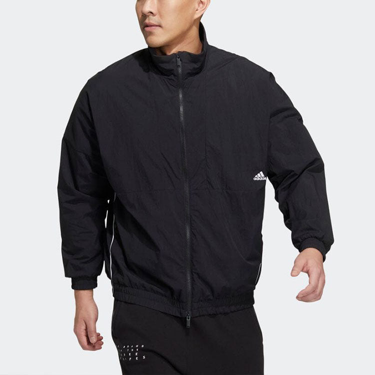 adidas Solid Color Minimalistic Alphabet Printing Casual Sports Stand Collar Woven Unisex Black Jacket HM2691