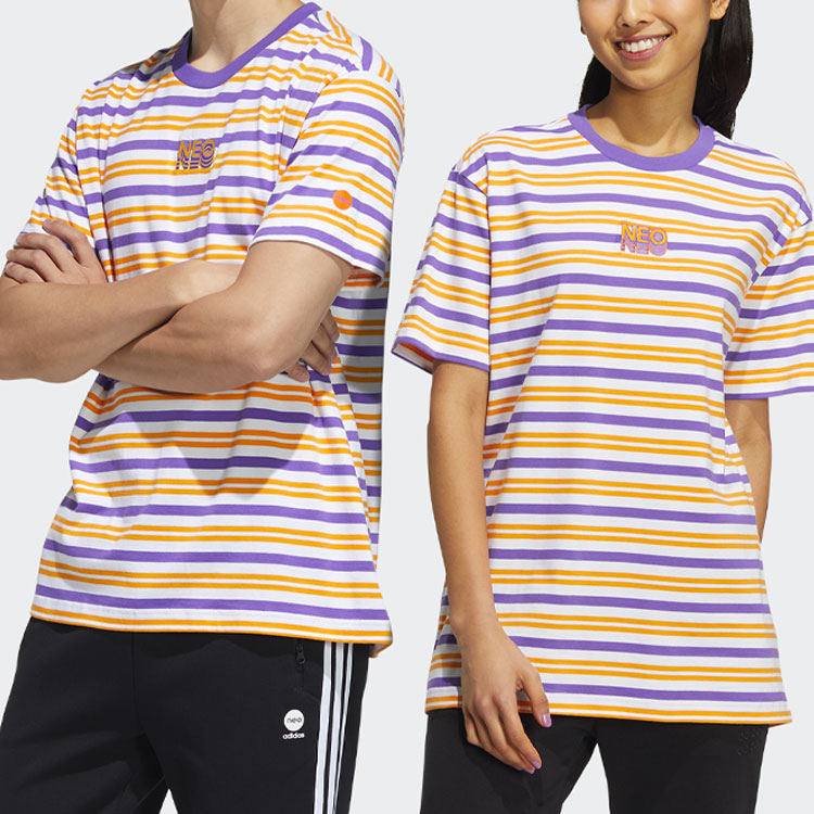 adidas neo SS22 M Sw Strp Rng T Sports Stripe Short Sleeve Unisex Purple Yellow White Colorblock HC9683