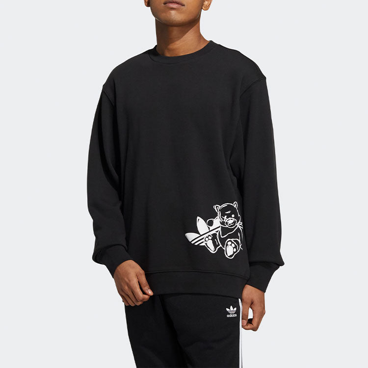 Men's adidas originals Bear Crew Logo Printing Round Neck Long Sleeves Black HL4111
