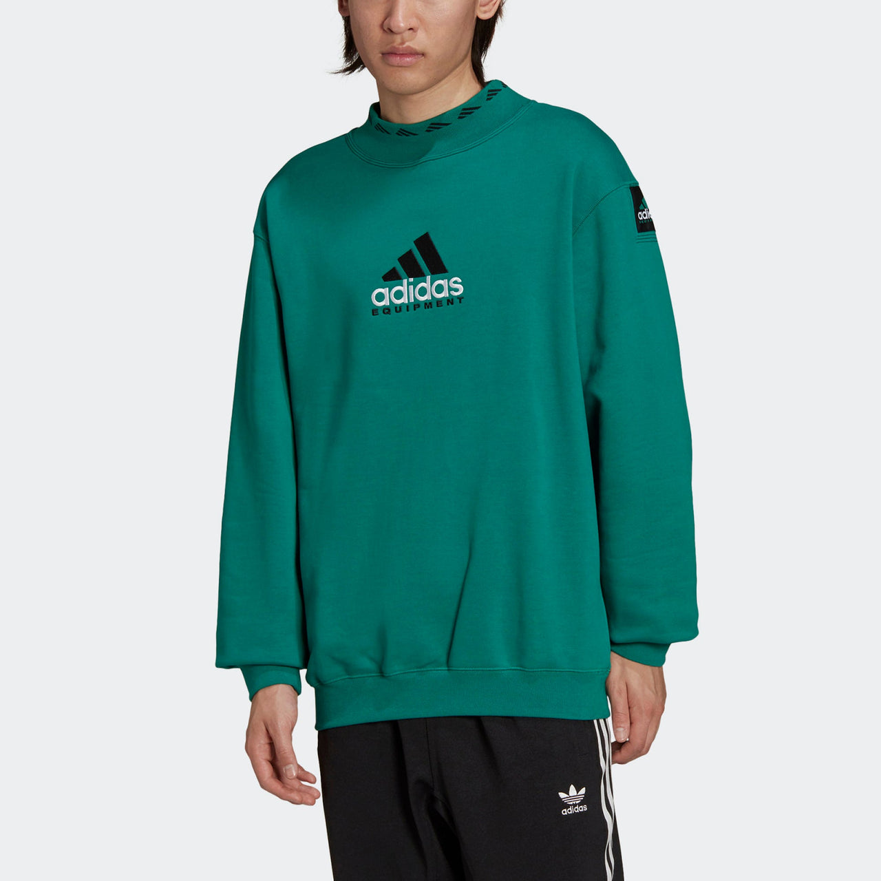Men's adidas originals Eqt Logo Embroidered Sports Round Neck Pullover Green HG8093